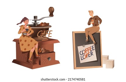 People drinking coffee at cafe or coffee shop set vector illustration