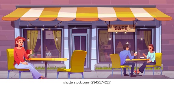 People drinking coffee in city street cafe. Vector cartoon illustration of young woman sitting alone, couple having date at outdoor tables in coffee shop. Urban bistro exterior decorated with garland