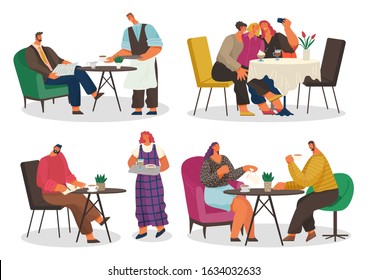 People drinking coffee and eating dessert in coffeehouse set isolated on white. Man freelancer in cafe, meeting of couple and group of friends taking selfie at table with latte and sweet food vector