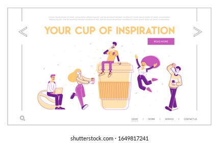 People Drinking Coffee or Hot Drink in Disposable Cardboard Takeaway Cups Website Landing Page. Male Female Characters Morning Refreshment Web Page Banner. Cartoon Flat Vector Illustration, Line Art