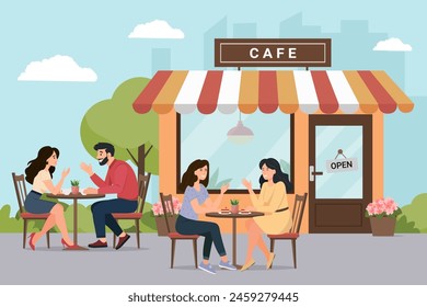 People drinking coffee on cafe terrace in summer. City coffeehouse building with street tables and chairs. Visitors resting outside cafeteria. Flat vector illustration 