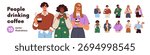 People drinking coffee set. Man and woman enjoy hot morning beverages, americano, cappuccino to go. Characters holding takeaway mugs, paper cups. Flat vector illustrations isolated on white background