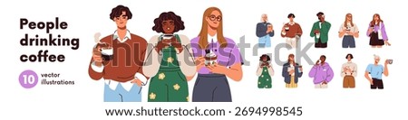 People drinking coffee set. Man and woman enjoy hot morning beverages, americano, cappuccino to go. Characters holding takeaway mugs, paper cups. Flat vector illustrations isolated on white background
