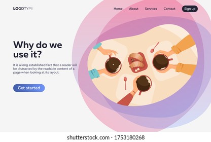 People drinking coffee in coffee shop. Human hands holding ceramic mugs, table, bakery. Vector illustration for refreshment, break, morning concept
