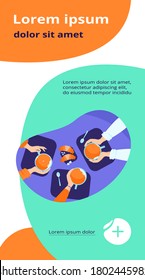 People drinking coffee in coffee shop. Human hands holding ceramic mugs, table, bakery. Vector illustration for refreshment, break, morning concept