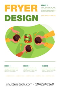 People drinking coffee in coffee shop. Human hands holding ceramic mugs, table, bakery. Vector illustration for refreshment, break, morning concept