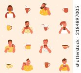 People drinking coffee, tea seamless pattern. Men and women portraits holding cups with drinks in their hands. Sweet beverage with foam, tube and cherry in retro style. Vector creative illustration.
