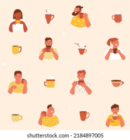 People drinking coffee, tea seamless pattern. Men and women portraits holding cups with drinks in their hands. Sweet beverage with foam, tube and cherry in retro style. Vector creative illustration.