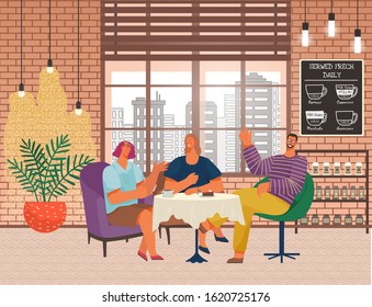 People drinking coffee or tea and talking. Male and female characters having conversation and enjoying cup of hot beverages in cafe or coffeehouse. Man raising his hand up. Vector in flat style