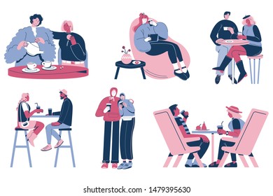 People drinking coffee or tea while sitting at tables and talking to each other, walking in the street. Vector flat style design illustration isolated on white background. Coffee break concept.