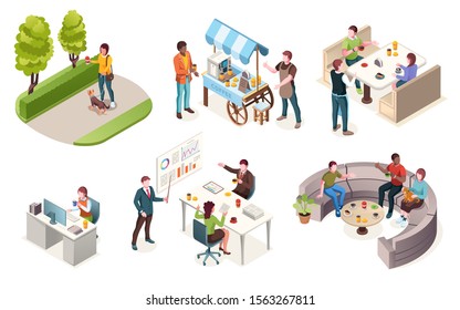 People drinking coffee, vector isometric icons set. Coffee bar or cafe and restaurant, takeaway street vendor, woman walking and workers in office drinking morning coffee from paper cups
