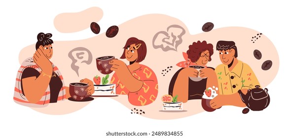 People drinking coffee while talking in a cafe or coffee shop, flat cartoon vector illustration isolated on white background. Meeting friends and families in a cafe over a cup of coffee.