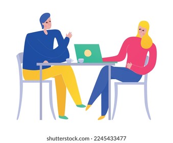 People drinking coffee and working on laptop at cafe flat vector illustration
