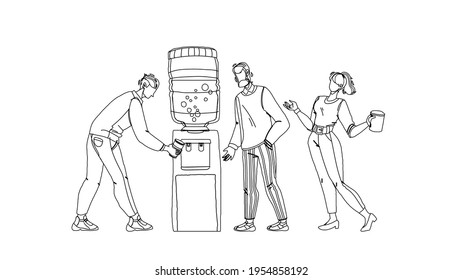 People Drinking Fresh Water From Cooler Black Line Pencil Drawing Vector. Office Colleagues Filling Cups With Hot And Cold Liquid From Cooler Equipment. Thirsty Characters Men And Woman Having Break 