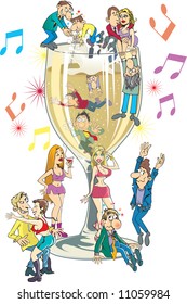 People drinking and having fun, in cartoon style