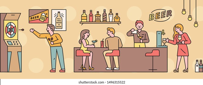 People drinking and having fun at a small pub. flat design style minimal vector illustration.