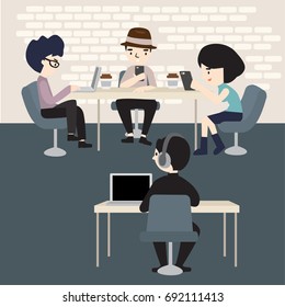 the People Drinking His Third Cup Of Coffee In The Coffee Shop Chatting On His Lap Top Vector Illustration