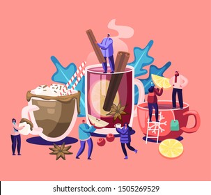 People Drinking Hot Drinks. Male and Female Characters Choose Different Beverages in Cold Autumn and Winter Time. Tea Cups with Straw, Lemon Slices, Vanilla Sticks. Cartoon Flat Vector Illustration