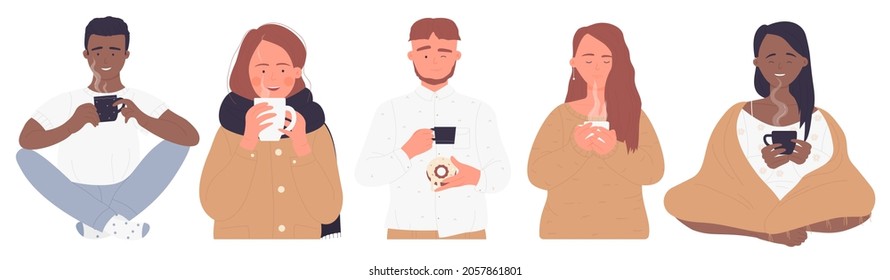 La gente que bebe bebidas calientes ilustra el vector. Caricaturista con ropa abrigada, calentando bajo una manta, hombre adulto sosteniendo una taza con té o café caliente y galletas. Concepto de tiempo de descanso aislado en blanco