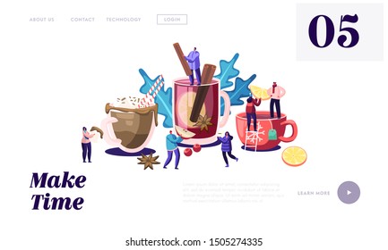 Página de Aterrizaje de la Web de Bebidas Calientes. Personajes masculinos que beben diferentes bebidas en otoño frío o invierno. Cartel de la página web Tea Cups and Spices. Ilustración de vectores planos
