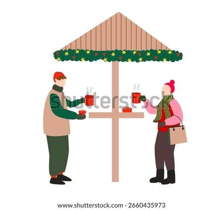 People drinking hot mulled wine at outdoor Christmas market table with wooden canopy and garland decoration on white background. 
Winter holiday and festive drink concept.