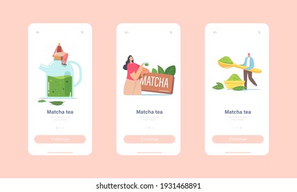 People Drinking Matcha Tea Mobile App Page Onboard Screen Template. Tiny Characters at Huge Teapot and Cup Using Green Tea Leaves and Powder for Healthy Beverage Concept. Cartoon Vector Illustration