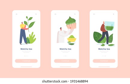 People Drinking Matcha Tea Mobile App Page Onboard Screen Template. Tiny Characters with Huge Green Tea Leaf, Cup and Bakery. Drink Healthy Beverage, Refreshment Concept. Cartoon Vector Illustration