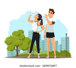 People drinking pure water after run. Woman and man gulping clean fresh water during sport break in park. Healthy lifestyle vector illustration. Sportsman exercising in nature.