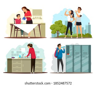 People drinking pure water set. Woman and man gulping clean fresh water during sport break, student at school, child at home, girl at house. Healthy lifestyle vector illustration.