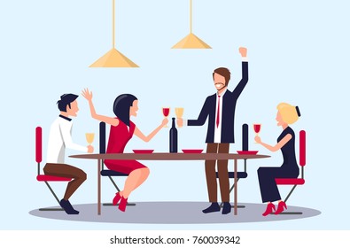 People drinking red wine and partying together, man saying toast and his co-workers listen to him, yellow lamps and vector illustration