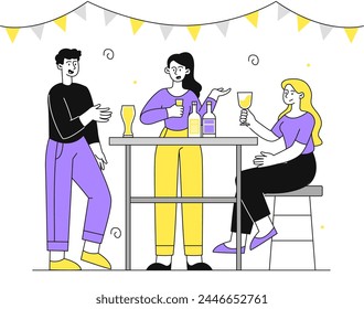 People drinking shots linear. Man and woman with alcoholic drinks and beverages indoors. Party or event with alcohol. Friends spending time together in pub or bar. Doodle flat vector illustration