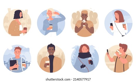 People drinking takeaway coffee on round avatar set vector illustration. Cartoon woman, man wearing stylish casual clothes, walking on city street with coffee cup, modern lifestyle isolated on white