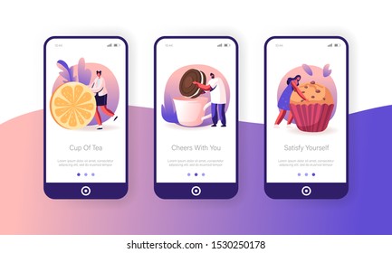 People Drinking Tea with Lemon and Pastry Mobile App Page Onboard Screen Set. Festive Winter Time Food, Still-life and Hospitality Concept for Website or Web Page, Cartoon Flat Vector Illustration