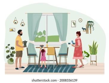 People are drinking tea in their cozy room.  The husband and child help the woman to set the table. A friendly family, a cozy interior with green plants.  Vector illustration.