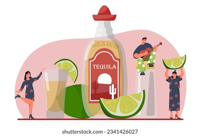 People drinking tequila concept. Man and women near large bottle with alcoholic drink and beverage. Young guys and girls with citrus slices and glasses. Cartoon flat vector illustration