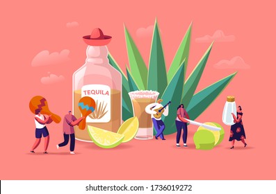 People Drinking Tequila Concept. Tiny Male and Female Characters with Maracas, Salt and Lime at Huge Bottle and Agave Azul Plant. Mexican Culture Tourism, Latin Landmark. Cartoon Vector Illustration