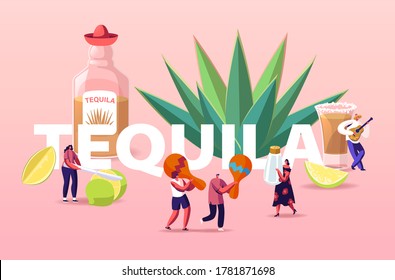 People Drinking Tequila Concept. Tiny Characters with Maracas, Salt and Lime at Huge Bottle and Agave Azul Plant. Mexican Latin Culture, Tourism Poster Banner Flyer. Cartoon Vector Illustration