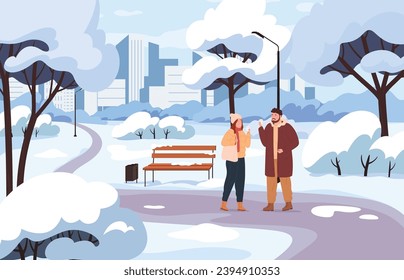 People drinking a warm drink in a winter snowy park. Men and women in warm, comfortable winter jackets. Vector illustration