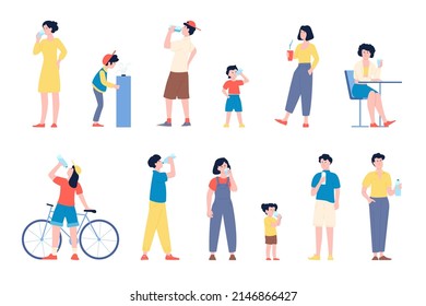 People Drinking Water. Adults And Kids Drink Clean Aqua From Glass And Bottles. Flat Characters In Heat Or Hot Summer. Thirst After Sport Workout Recent Vector Set