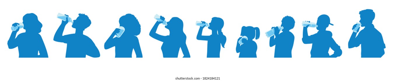 People drinking water - cartoon silhouette set of men and women in profile holding water bottle and hydrating isolated on white background. Vector illustration.