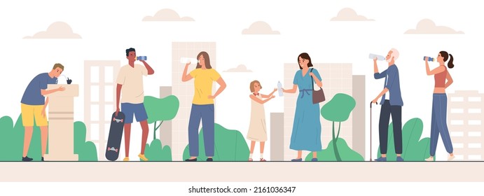 People drinking water on city streets flat composition vector illustration