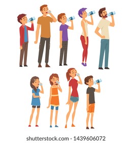 People Drinking Water from Plastic Bottles and Glasses Set, Men, Women and Children Enjoying Drinking of Fresh Clean Water Vector Illustration