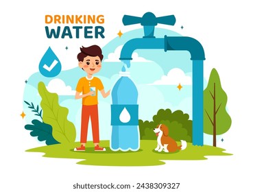 People Drinking Water From Plastic Bottles and Glasses with Pure Clean Fresh Concept in Flat Kids Cartoon Vector Illustration