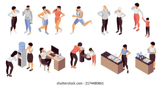 People drinking water set with sports symbols isometric isolated vector illustration