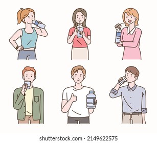 People are drinking water from various cups and water bottles. flat design style vector illustration.