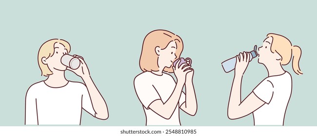 People are drinking water from various cups and water bottles. Hand drawn style vector design illustrations.