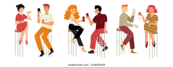 People drinking wine, dating, celebrate party. Couple male and female characters holding wineglasses sit on high chairs in bar communicate, laugh, drink alcohol Linear cartoon flat vector illustration