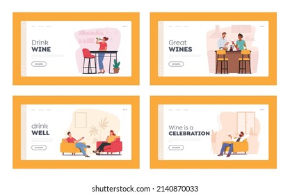 Juego de plantillas de la página de aterrizaje de vino para personas que beben vino. Celebrar fiesta en casa o cita. Personajes masculinos y femeninos con lentes de viento. Hombres Mujeres bailando, bebiendo alcohol en casa. Ilustración del vector de dibujos animados