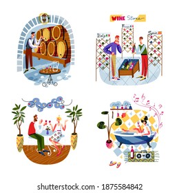 People drinking wine set. Man and woman on romantic date, buying in store, couple sitting in restaurant or cafe, storage with barrels. Eating and drinking vector illustration.