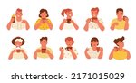 People with drinks. Set of happy young women and men drinking coffee, tea, cocoa. Portraits with positive emotions. Vector illustration, relax, have a break concepts. Isolated characters.